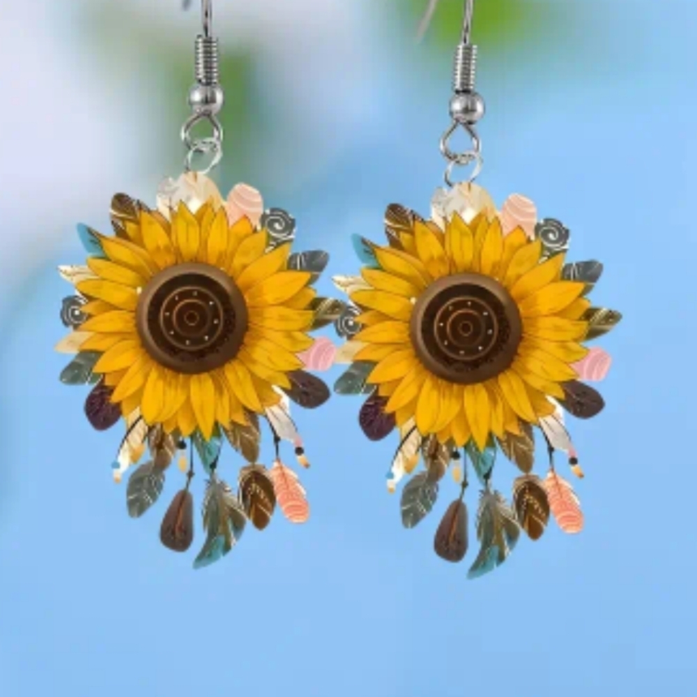New women's sunflower feathers 2d country dangling earrings acrylic